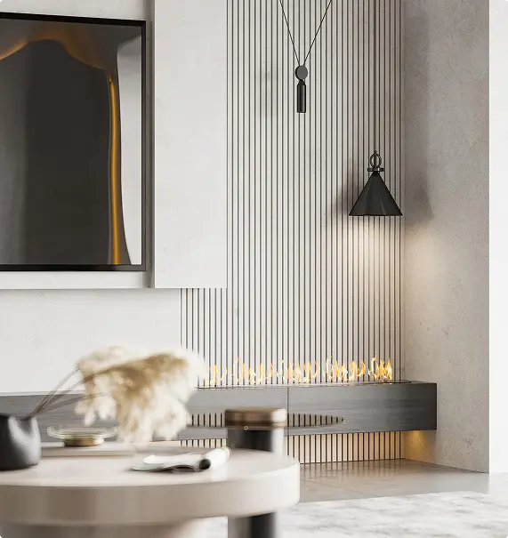 Modern minimalist living room with a linear gas fireplace, striped wall paneling, a black wall sconce, and a round table with decorative objects in the foreground.