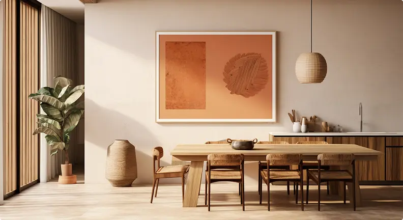 Modern dining room with wooden table, six chairs, and a large pot. Earth-toned art, potted plant, pendant lamp, and sunlight add warmth. Minimalist and serene.