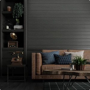 Dark vintage living room with leather sofa, retro phone, and bookshelf