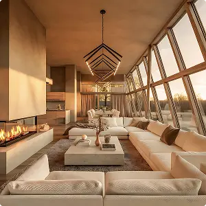 Modern living room with white sofas,