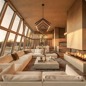 Modern living room with white sofas,