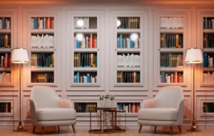Elegant library with white bookshelves, filled with colorful books, flanked by two cozy armchairs and tall lamps. Warm, inviting atmosphere.