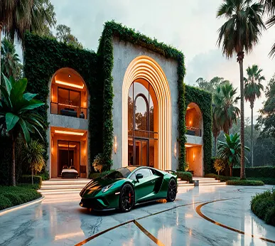 Modern luxury house with illuminated arches, lush greenery, and a sleek green sports car on the driveway. Tall palm trees surround the serene setting.