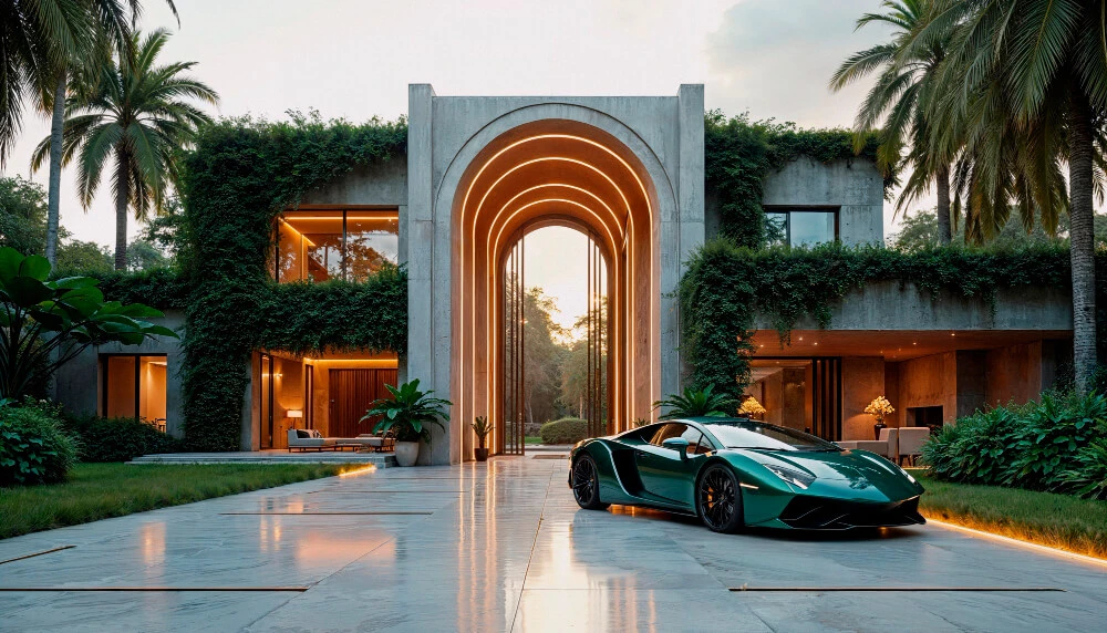 Modern luxury house with illuminated arches, lush greenery, and a sleek green sports car on the driveway. Tall palm trees surround the serene setting.