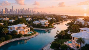 Luxurious villas with pools line a serene waterway under a warm sunset. The city skyline looms in the distance, creating a tranquil yet urban scene.