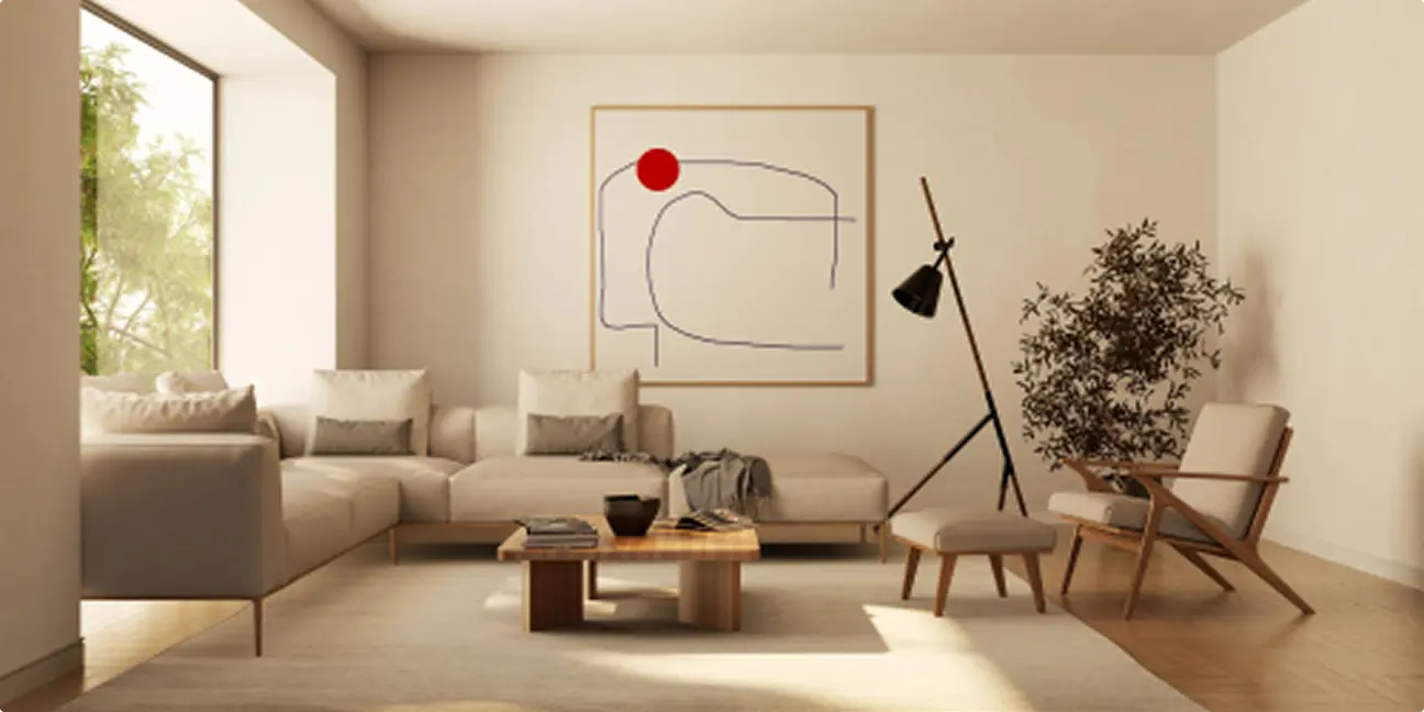 Modern living room with beige sectional sofa, abstract art, a red circle, floor lamp, wooden coffee table, armchair, and large window. Cozy and calm.